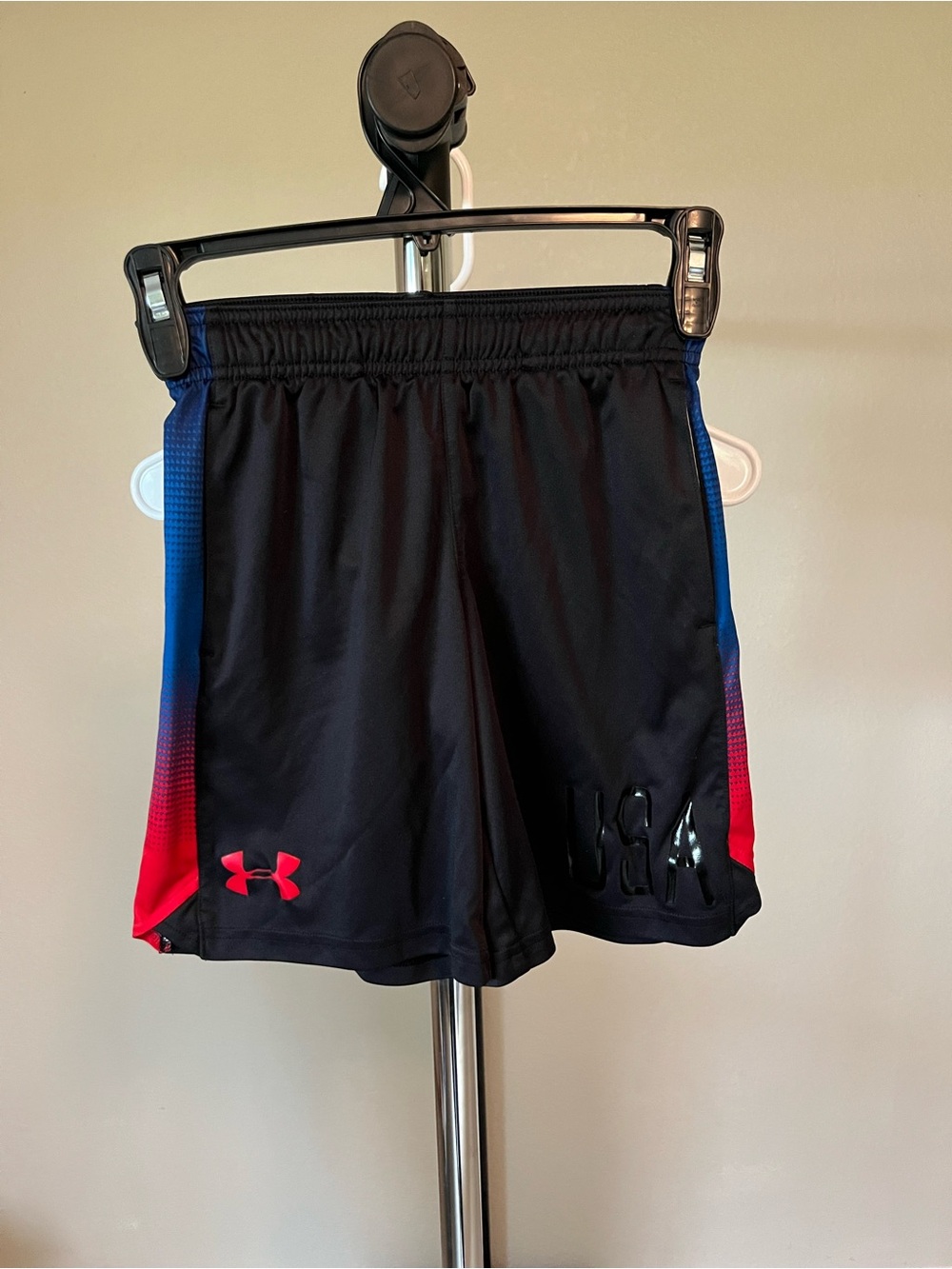 Under Armour Black Athletic Shorts with Red & Blue Gradient Panels - Picture 1 of 2